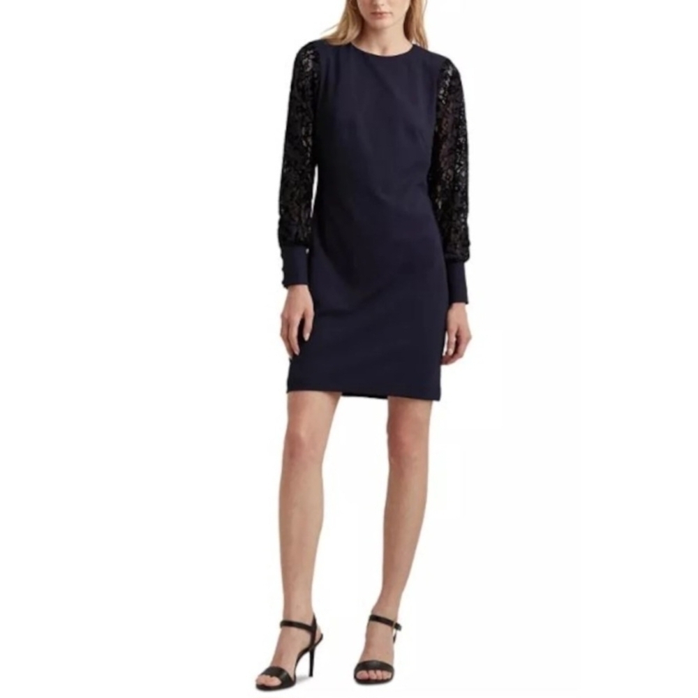 Lauren Ralph LRL Navy Blue Long Lace Sleeves Women's Size 4 Above Knee Dress